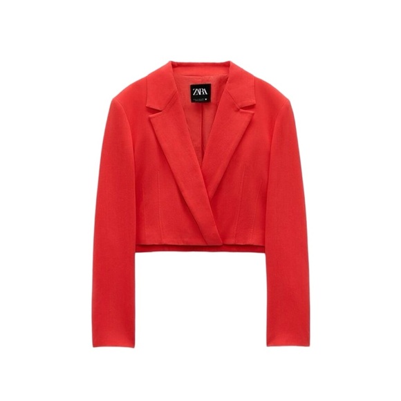 Zara Coral Red Linen Blend Cropped Blazer Jacket | Size S | Tomato Girl - Picture 2 of 9